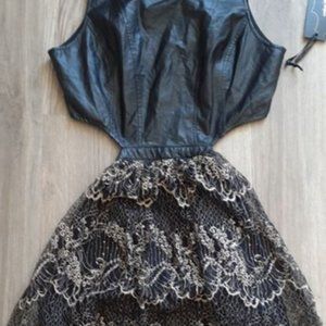 Black Lace and Vegan Leather Cutout Dress